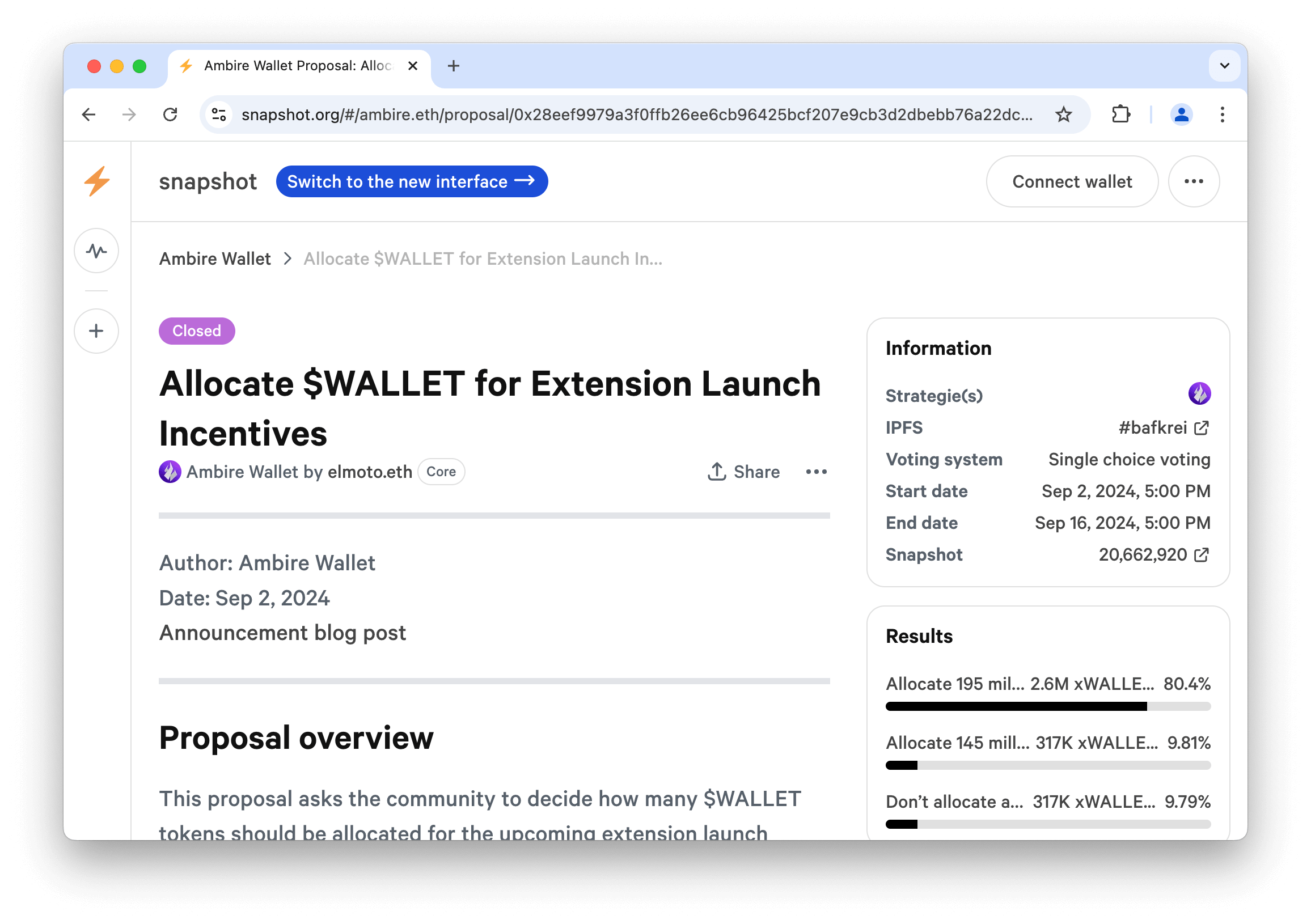 Image of the $WALLET incentives allocation vote on Snapshot