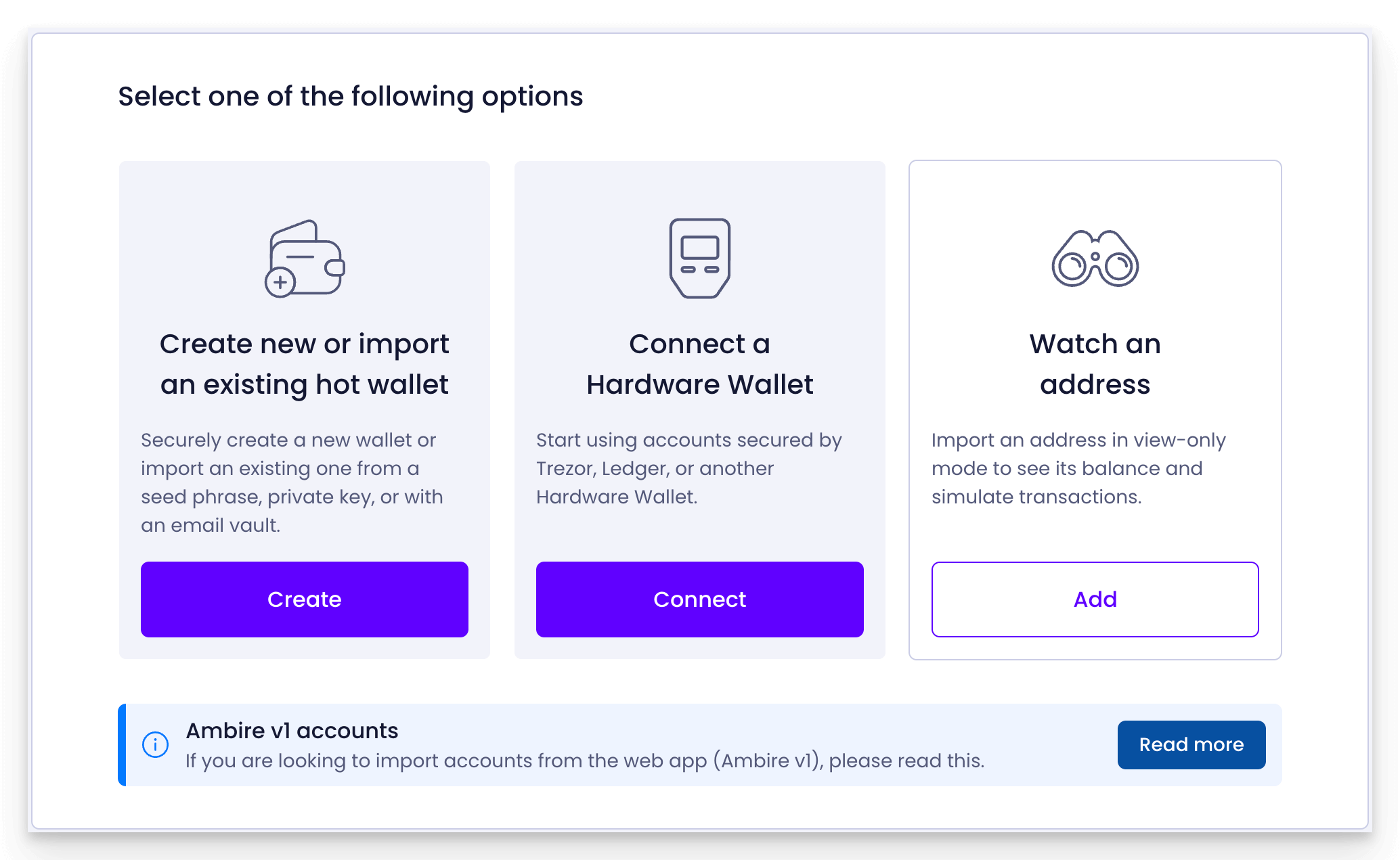 Updated account creation/import screen in Ambire Wallet Extension