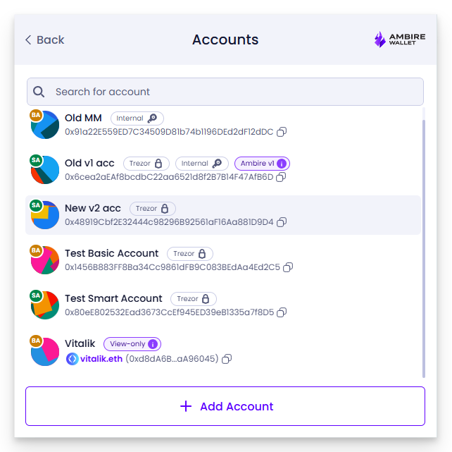 Ambire's account list showing both account types and their signer key origin