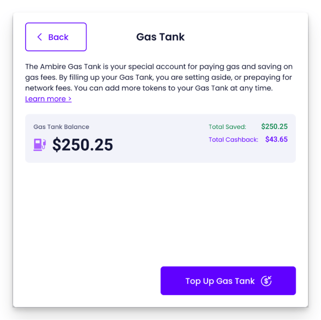 Ambire's Gas Tank modal showing available balance, total savings, and cashback