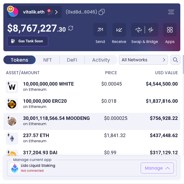 The extension's dashboard displays your full balance, regardless of the network