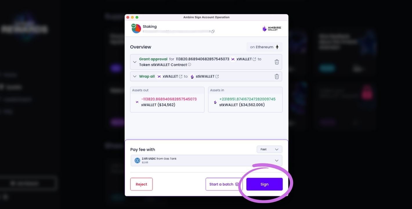 Singing $xWALLET to $stkWALLET migration transaction