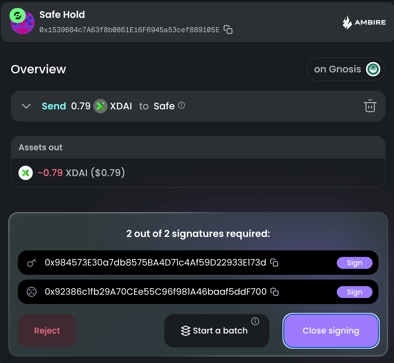 Multisig sining modal in Ambire