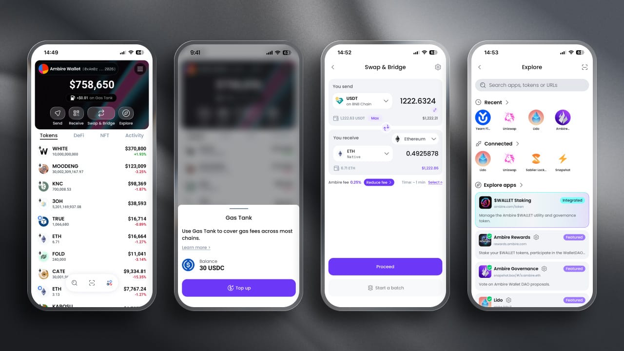 Ambire Mobile portfolio screen showing token balances, Gas Tank status, and the main wallet functionality