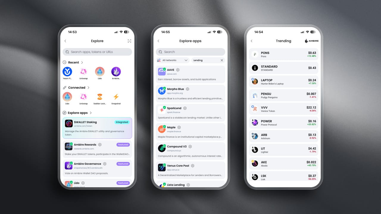 Ambire Mobile Explore screen with trending tokens and verified featured web3 apps