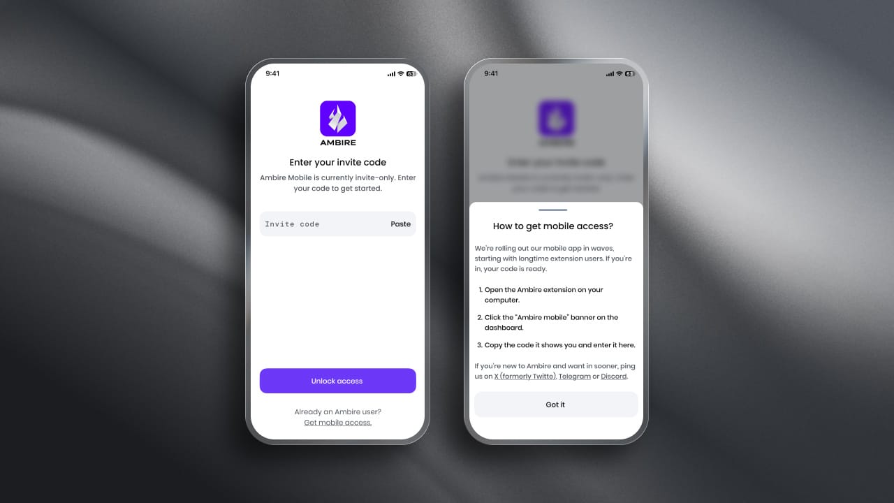 Ambire Mobile invite code screen with a code input field and unlock access button