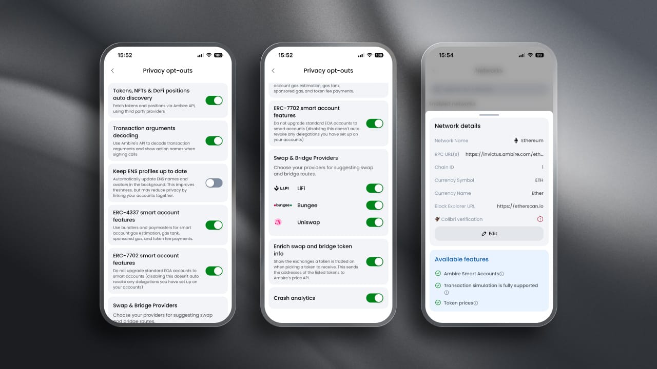 Ambire Mobile privacy opt-outs screen with feature toggles and network settings