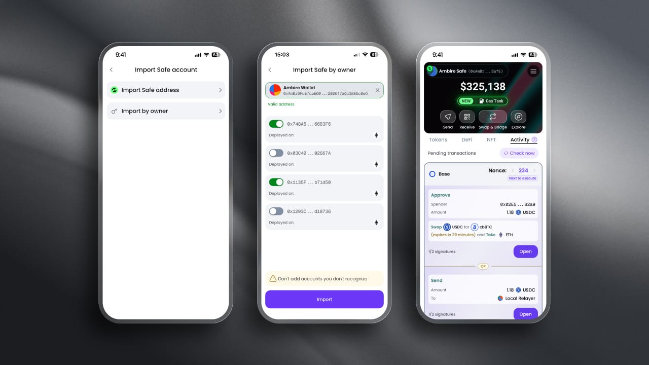 Screen showing Safe accounts import flow and transactions queue