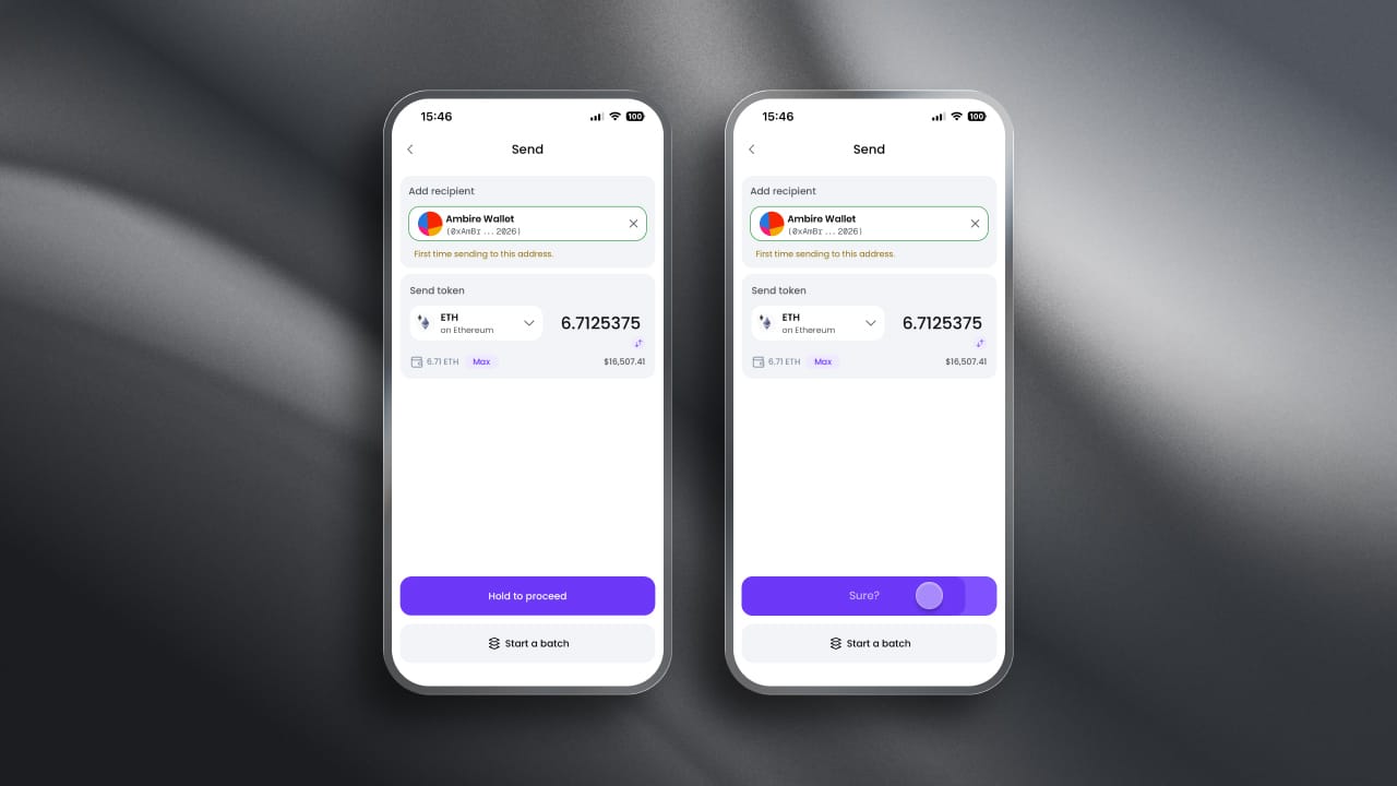 Ambire Mobile send screen showing a first-time recipient warning above the token amount