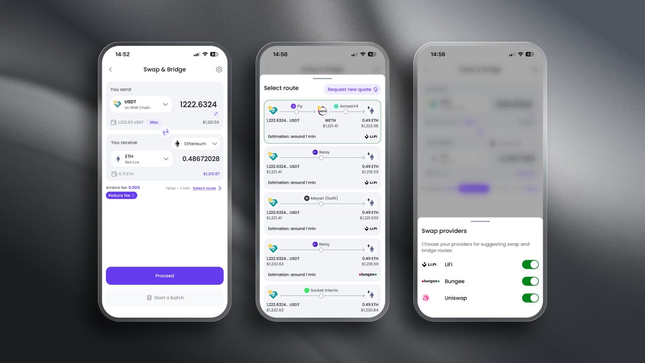 Mobile route selection screen with quotes and swap providers toggle panel