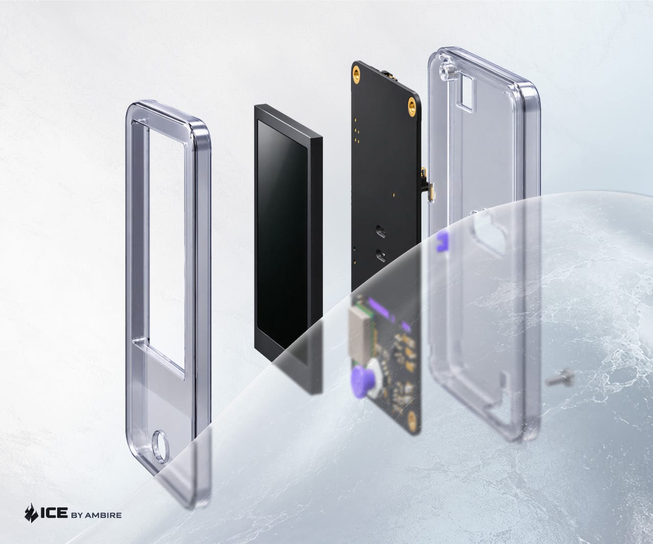 Exploded view of Ambire Ice: the clear front frame, the screen, the circuit board and the see-through back case, laid out in a row