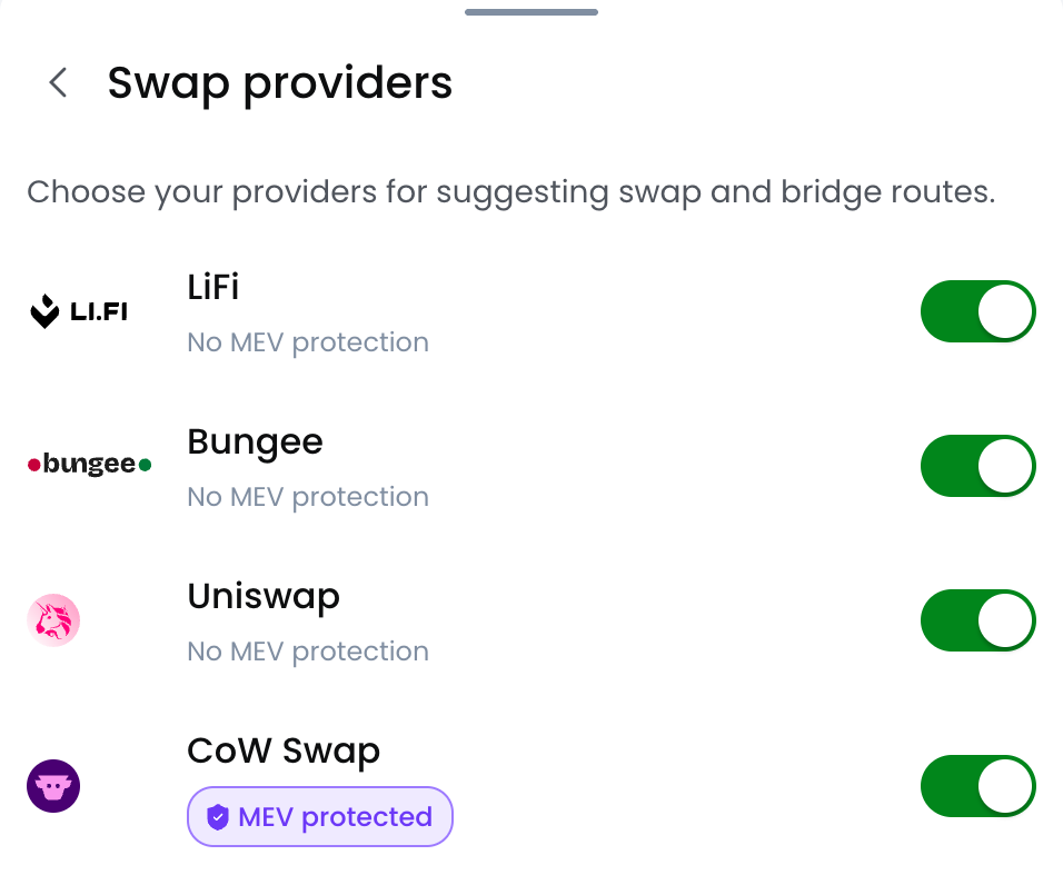 CoW Swap toggle in the swap providers list