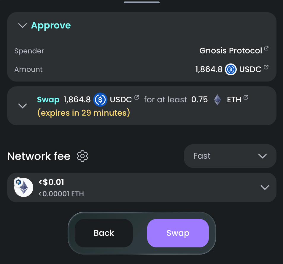 Simulaton of the an CoW Swap quote, expring in 30 minutes