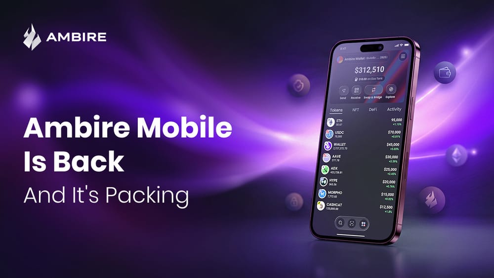Ambire Mobile shown on a phone with the portfolio dashboard on screen
